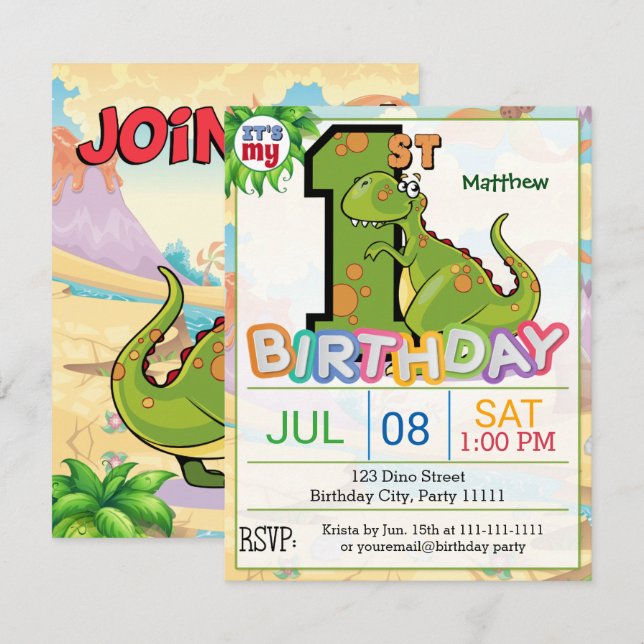 1st Birthday Party Dinosaur Invitation (Front/Back)