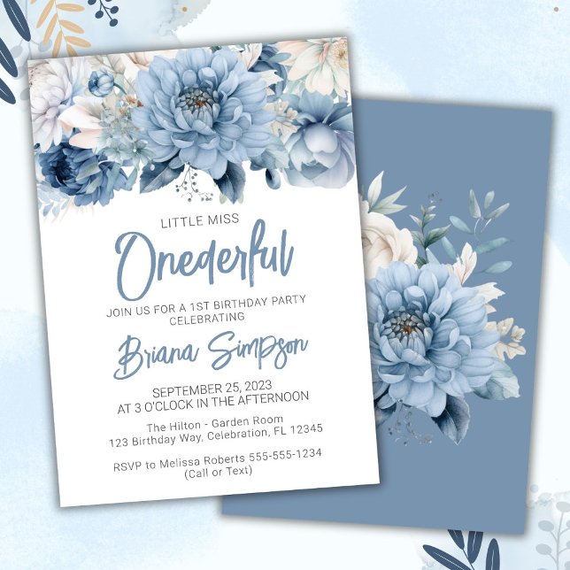 1st Birthday Party Dusty Blue Floral Invitation (Creator Uploaded)