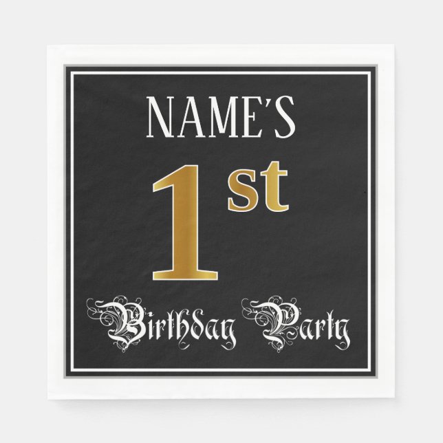 1st Birthday Party — Fancy Script, Faux Gold Look Napkin (Front)
