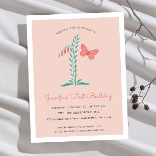 1st Birthday Party Floral Botanical Butterfly Invitation Postcard