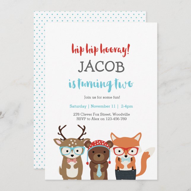 1st Birthday Party | Fun Woodland animals Invitation (Front/Back)