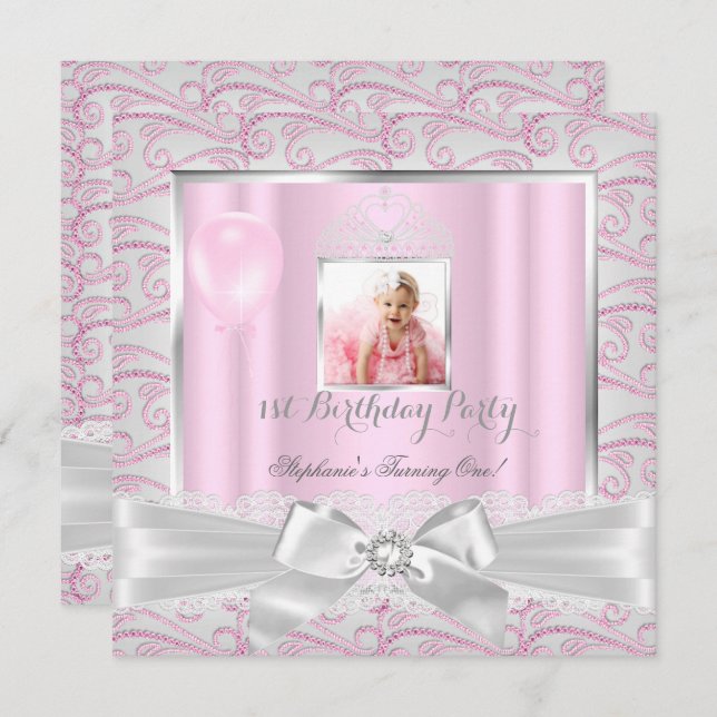 1st Birthday Party Girls Pink Diamonds Tiara Invitation (Front/Back)