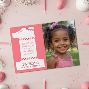1st Birthday Party Girls Pink One Photo Thank You Card