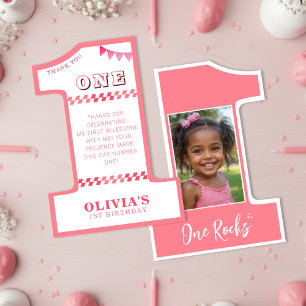 1st Birthday Party Girls Pink One Photo Thank You Card