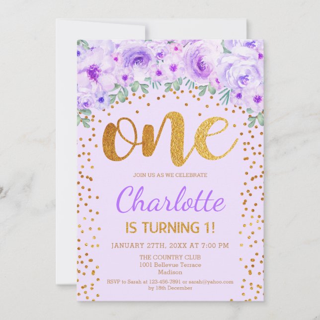 1st Birthday Party - Gold Purple Invitation (Front)