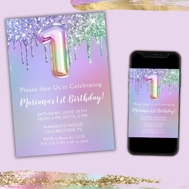 1st Birthday Party Invitation Purple Pink Glitter (Creator Uploaded)