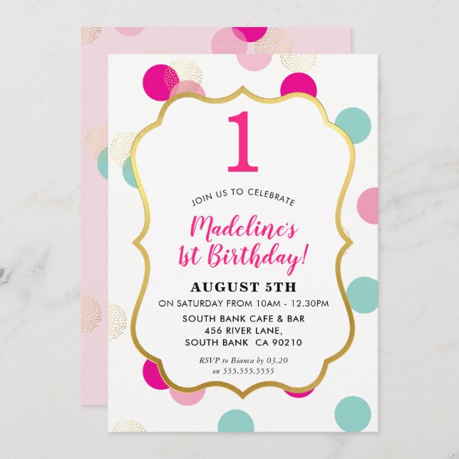1st BIRTHDAY PARTY INVITE modern confetti spot (Front/Back)