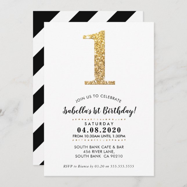 1ST BIRTHDAY PARTY INVITE modern gold glitter (Front/Back)