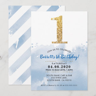 1ST BIRTHDAY PARTY INVITE modern gold glitter blue