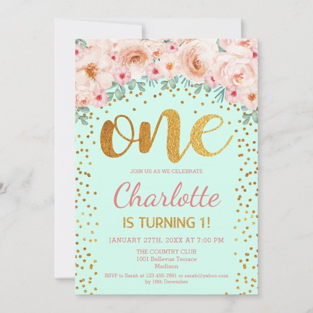 1st Birthday Party - Mint Green Gold Pink Invitation (Front)