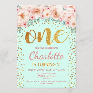 1st Birthday Party - Mint Green Gold Pink Invitation