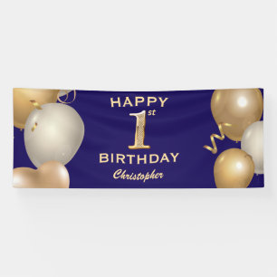 1st Birthday Party Navy Blue and Gold Balloons Banner