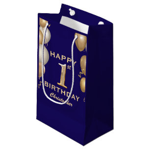 1st Birthday Party Navy Blue and Gold Balloons Small Gift Bag