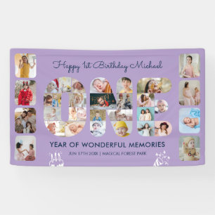 1st Birthday Party Number One Purple Photo Collage Banner