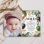 1st Birthday Party Photo Jungle Safari Wild One Invitation<br><div class="desc">Change the demo photo to one of your choice. Design features jungle palm tree greenery and banana leaves decorated with printed gold, black and green coloured balloons. Balloon designs also feature printed faux (printed) gold coloured confetti. Template also features baby giraffe, rhino (rhinoceros), elephant, lion, zebra and sloth watercolor animals...</div>