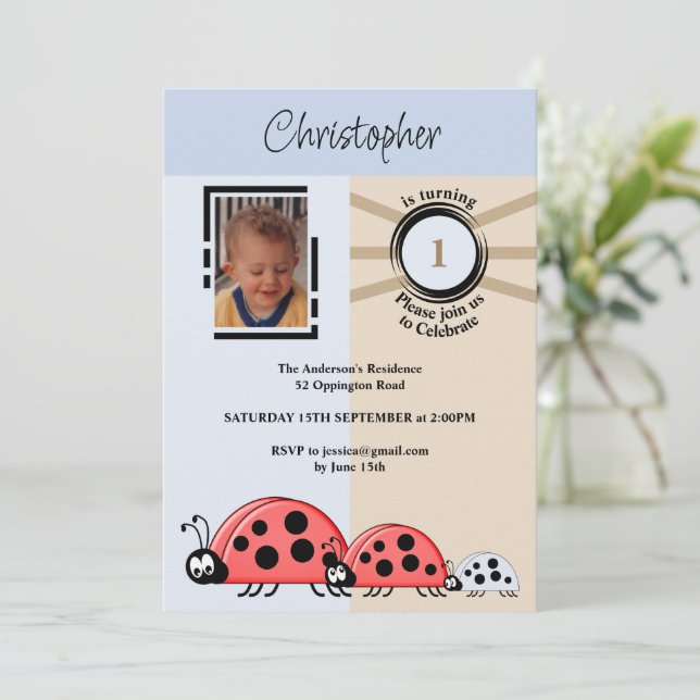 1st Birthday party photo ladybugs blue brown Invitation (Standing Front)
