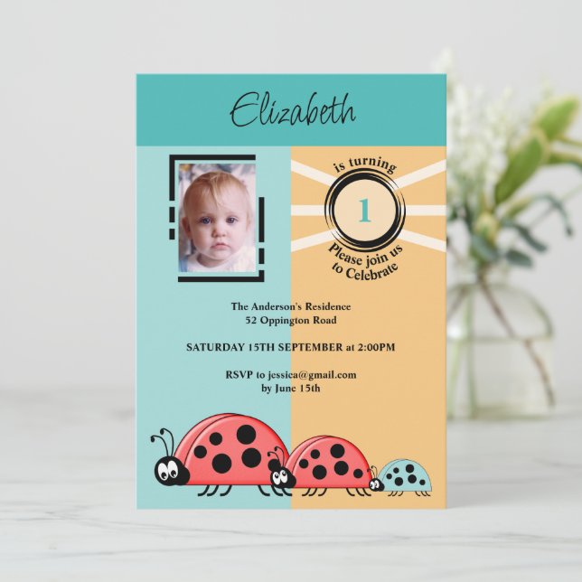 1st Birthday party photo ladybugs green orange Invitation (Standing Front)