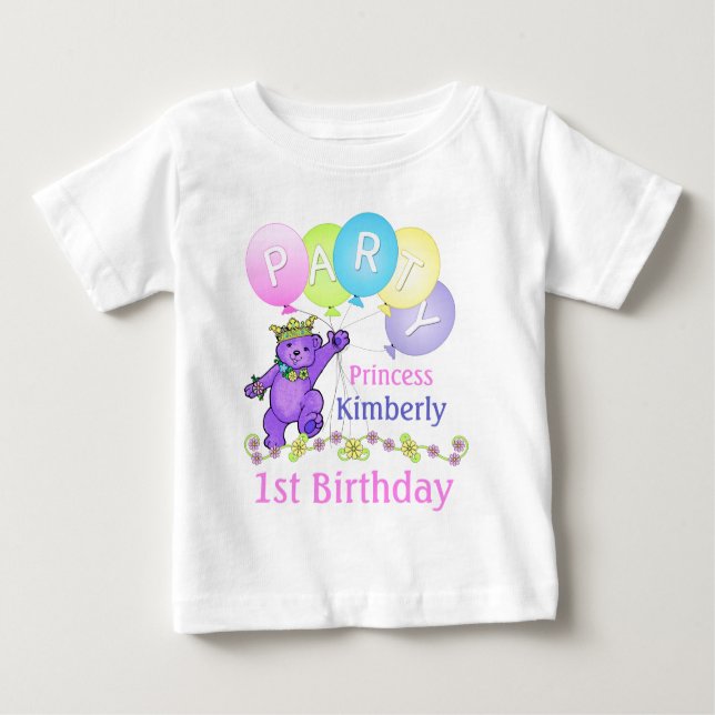 1st Birthday Party Princess Bear Baby T-Shirt (Front)