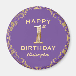 1st Birthday Party Purple and Gold Glitter Frame Magnet