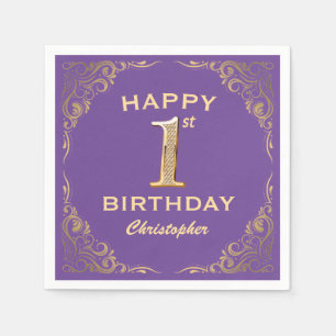 1st Birthday Party Purple and Gold Glitter Frame Napkin
