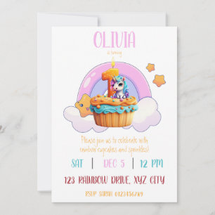 1st Birthday Party Rainbow Unicorn Cupcake Invitation