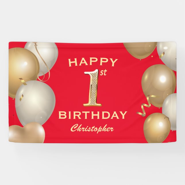 1st Birthday Party Red and Gold Balloons Banner (Horizontal)