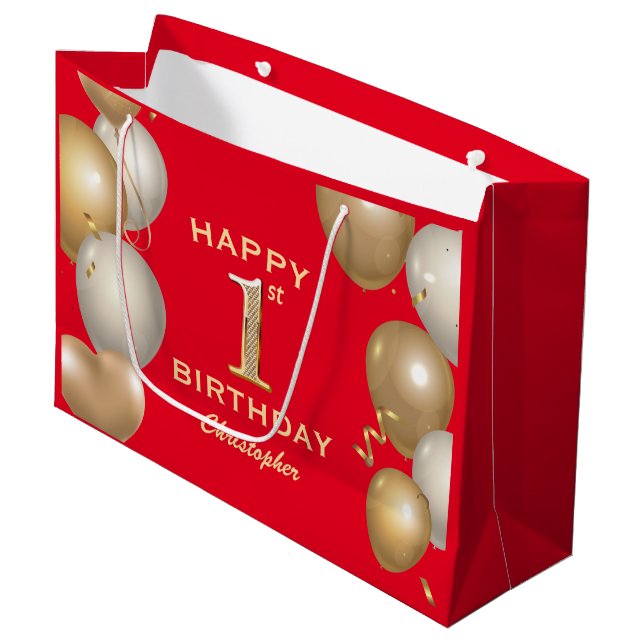 1st Birthday Party Red and Gold Balloons Large Gift Bag (Front Angled)