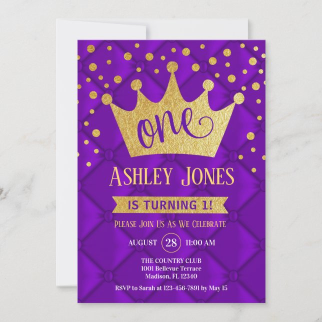 1st Birthday Party - Royal Purple Gold Invitation (Front)