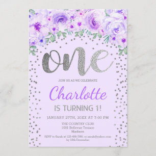 1st Birthday Party - Silver Purple Invitation
