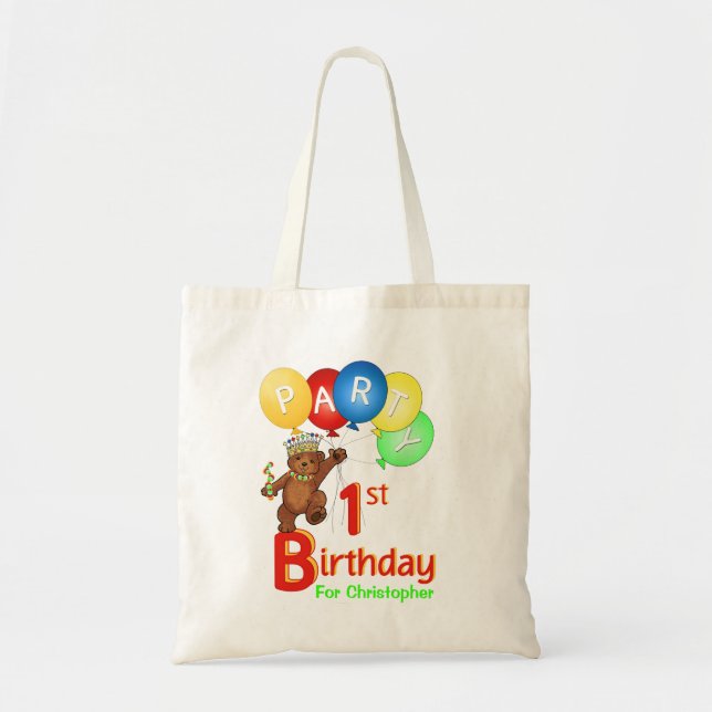 1st Birthday Party Teddy Bear Prince Goodie Tote Bag (Front)