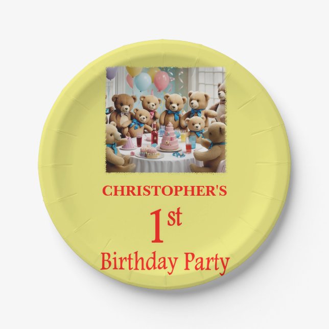 1st Birthday Party Teddy Bears Party Paper Plate (Front)