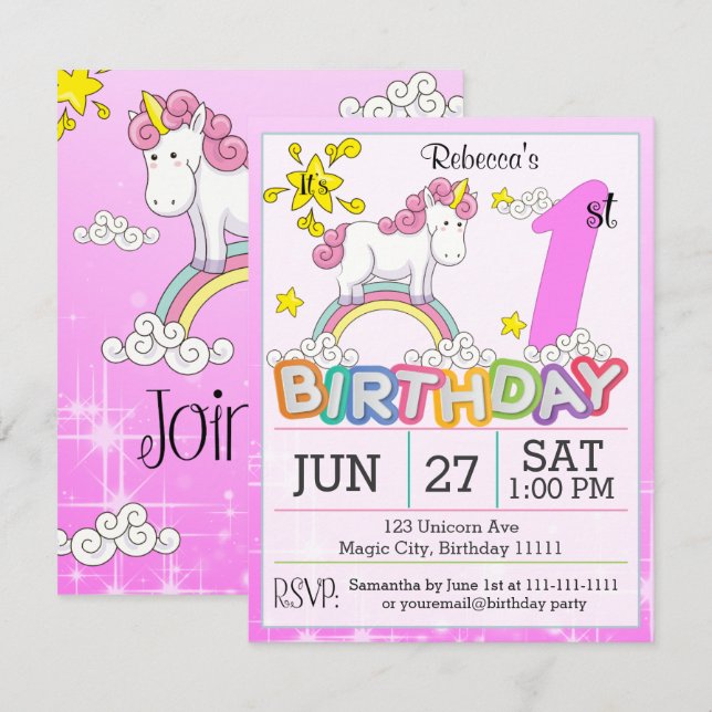 1st Birthday Party Unicorn Invitation (Front/Back)