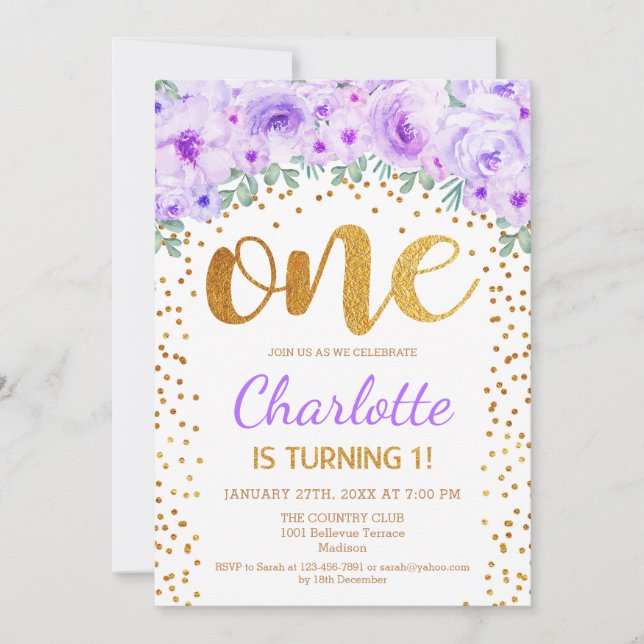 1st Birthday Party - White Gold Purple Invitation (Front)