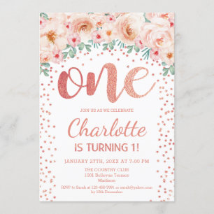 1st Birthday Party - White Rose Gold Invitation