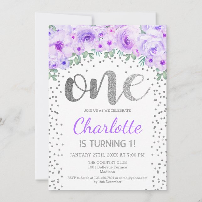 1st Birthday Party - White Silver Purple Invitation (Front)