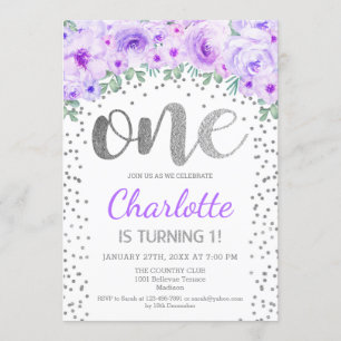1st Birthday Party - White Silver Purple Invitation