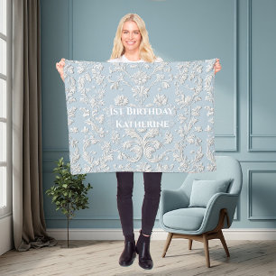 1st Birthday Pastel Blue Shabby Chic Vintage Flora Fleece Blanket