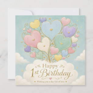 1st Birthday Pastel Heart Balloon Bouquet Card