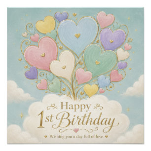 1st Birthday Pastel Heart Balloon Bouquet Poster