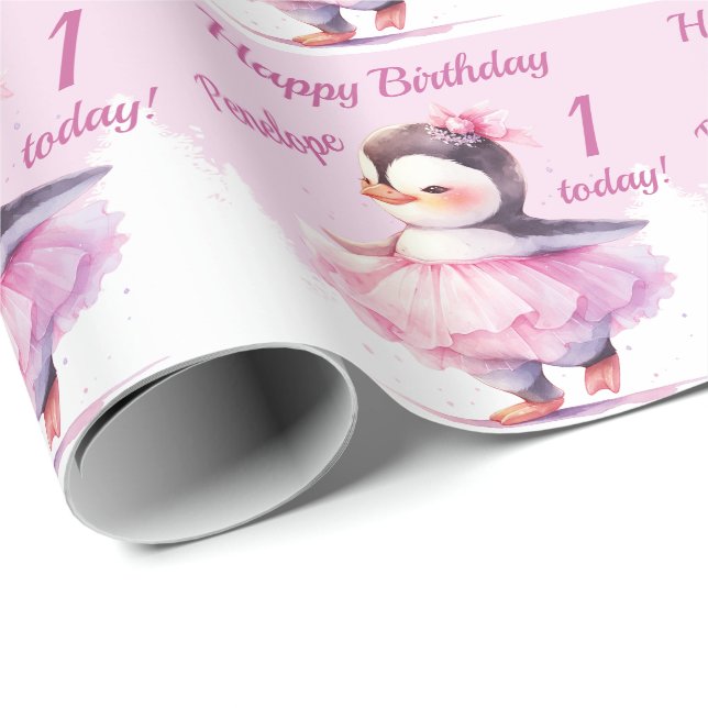 1st Birthday Penguin Ballerina Pink Wrapping Paper (Roll Corner)