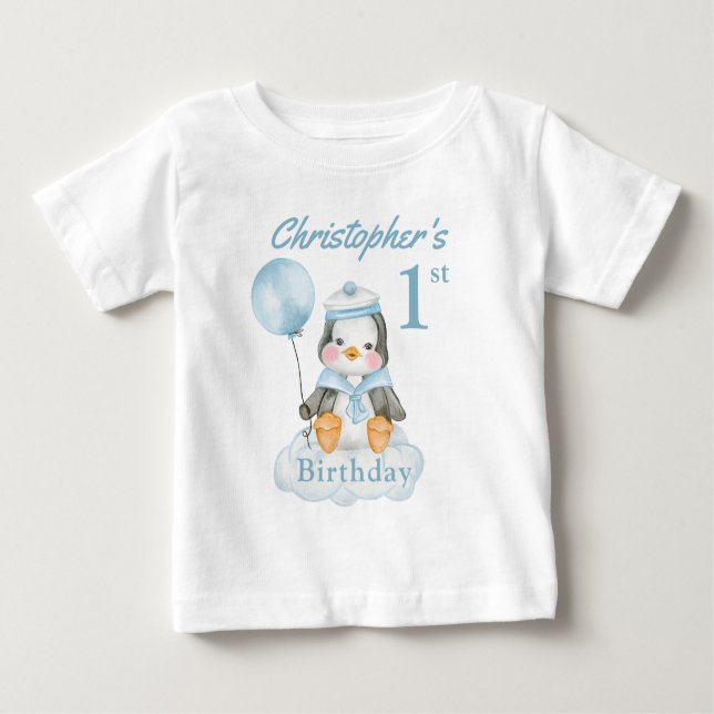 1st Birthday Penguin Blue Personalise Baby T-Shirt (Front)
