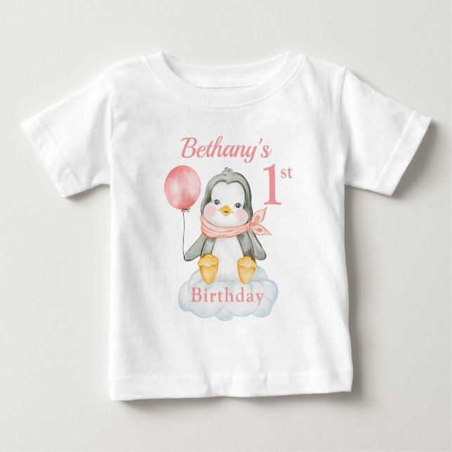 1st Birthday Penguin Pink Personalised Baby T-Shirt (Front)