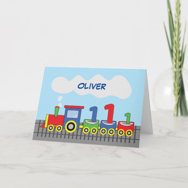 1st Birthday Personalised Colourful Train on Track Card (Front)