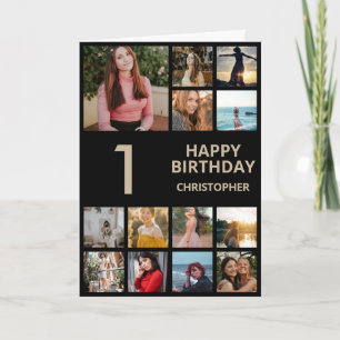 1st Birthday Photo Collage 13 Photos Black & Gold Card
