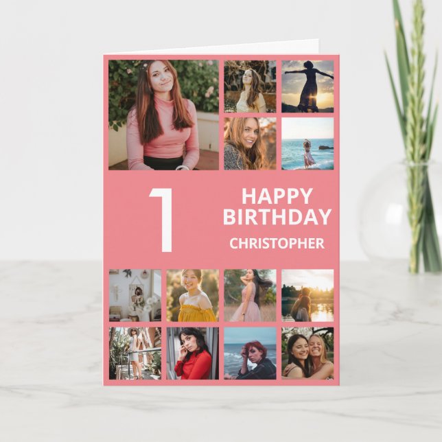 1st Birthday Photo Collage 13 Photos Pink & White Card (Front)