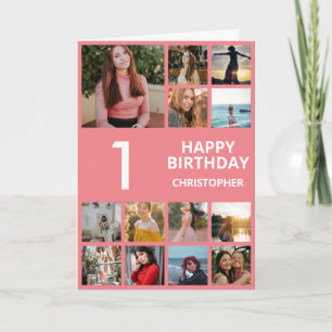 1st Birthday Photo Collage 13 Photos Pink & White Card