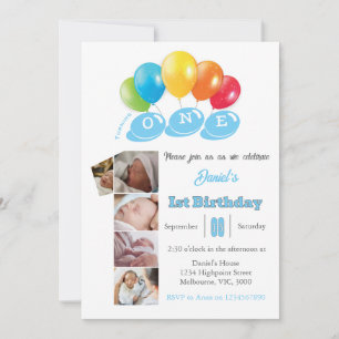 1st birthday photo collage number 1 Boy Invitation