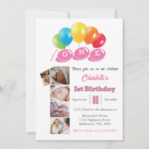 1st birthday photo collage number 1 Girl Invitation