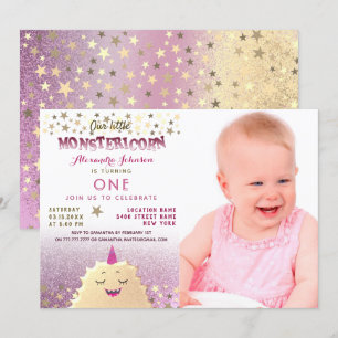 1st Birthday Photo Girl Little Monster Invitation