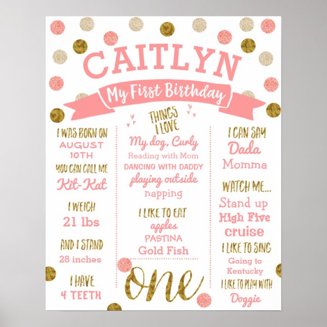 1st Birthday, Pink and Gold Glitter Poster (Front)